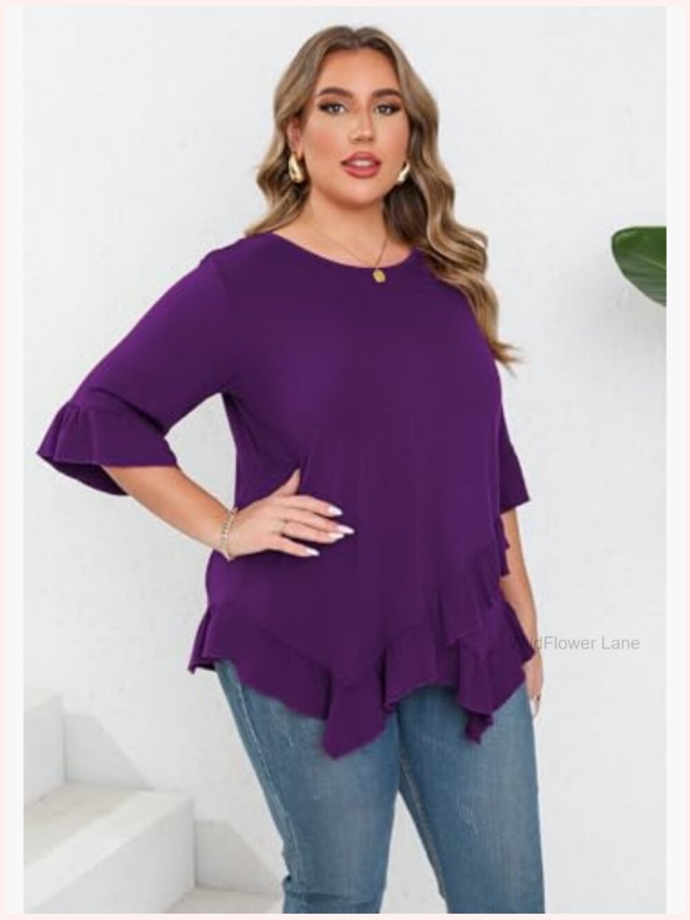 Women's Plus Size Ruffle Hem Tunic Top 3/4 Bell Sleeve Crew Neck Flowy Blouse - Picture 5 of 7